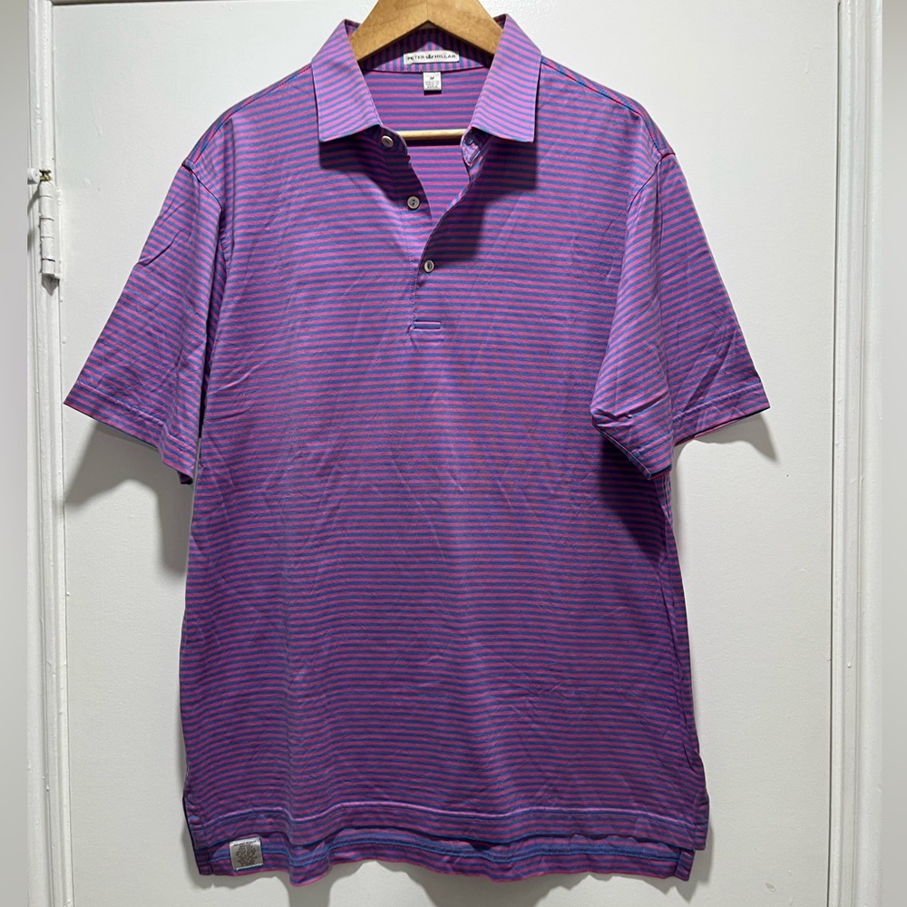 Peter Millar Short Sleeve Polo Shirt Size M in Pink/Blue Stripes Cotton Golf